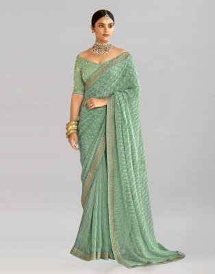 Samah Printed, Embroidered, Embellished Bollywood Georgette, Chiffon Saree(Green, White)