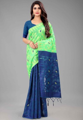 roman Self Design, Embellished, Woven Chanderi Cotton Silk, Jacquard Saree(Blue)