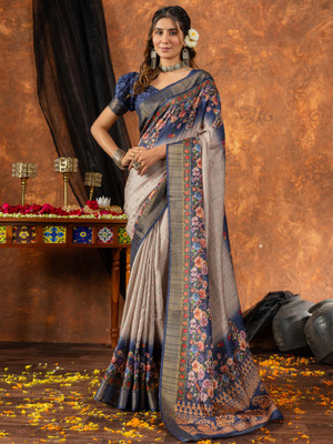 Sareemall Printed Chinnalapattu Silk Blend Saree(Cream)