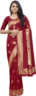 Akhilam Embroidered Kanjivaram Silk Blend Saree(Maroon)