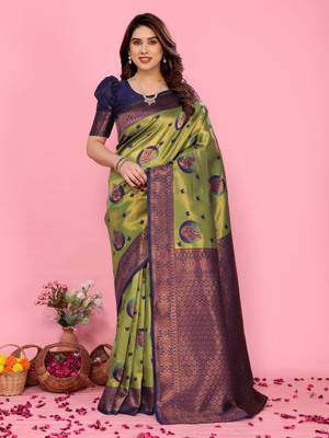 WOVEN STOCK Woven Kanjivaram Pure Silk Saree(Light Green)