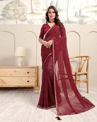 Silkra Striped, Embellished, Printed, Woven, Self Design Leheria Georgette, Silk Blend Saree(Maroon)
