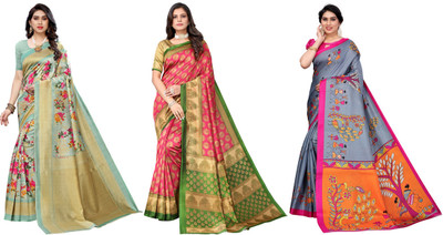 Nirvaan Printed Bhagalpuri Art Silk Saree(Pack of 3, Light Green, Pink, Grey)