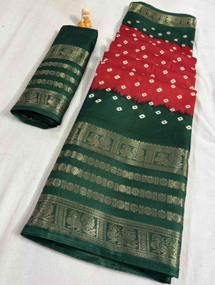 RegalDrapes Printed Bandhani Jacquard, Silk Blend Saree(Red, Dark Green)