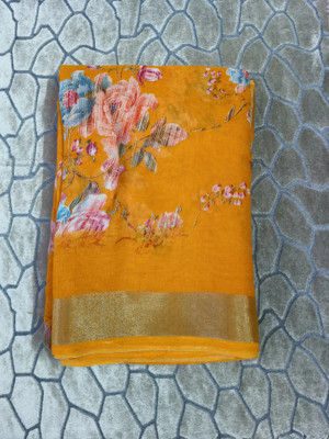 linan cottan Floral Print Daily Wear Cotton Linen Saree(Yellow)
