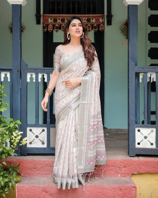Krujha Printed Bollywood Cotton Linen, Art Silk Saree(Grey, Multicolor)