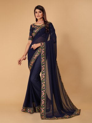 Tejal Creation Solid/Plain Bollywood Georgette Saree(Blue)