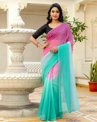 SIRIL Ombre, Solid/Plain Bollywood Chiffon, Georgette Saree(Green, Pink)