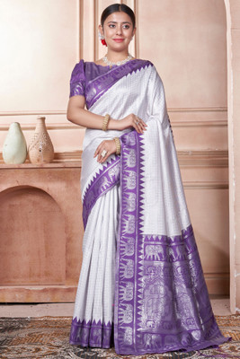 ROOP LAVANYA Woven Kanjivaram Jacquard, Art Silk Saree(White, Purple)