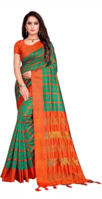 saanvi boutique Checkered Daily Wear Cotton Silk Saree(Green, Orange)