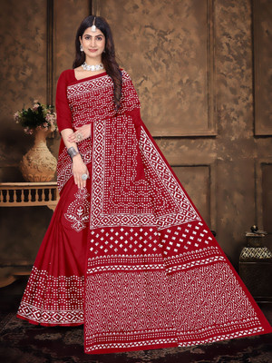 Amira sarees Blocked Printed, Floral Print, Geometric Print Bandhani Pure Cotton Saree(Maroon)
