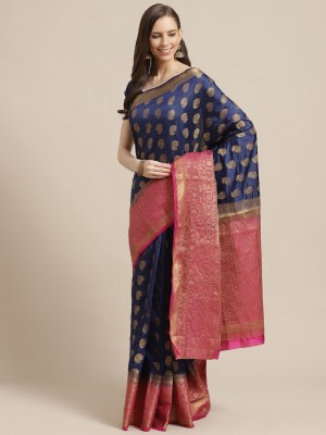 Hritika Woven, Self Design Banarasi Silk Blend Saree(Dark Blue)