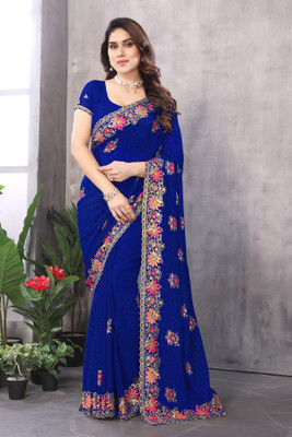 MIYANIFAB Embroidered Bollywood Georgette Saree(Blue)