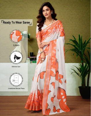 Satrani Digital Print, Floral Print, Printed Bollywood Linen Saree(White, Orange)