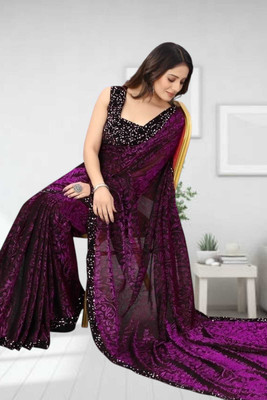 SHRIMAY Self Design Bollywood Net Saree(Purple)