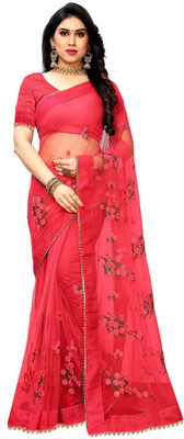 KANJIVARAM STYLE Embroidered Bollywood Net Saree(Red)