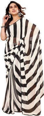 ROOP SUNDARI SAREES Striped, Printed Bollywood Georgette Saree(Black, White)
