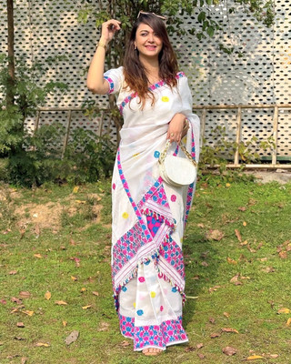 AREEVANZ Self Design Mekhela Chador Cotton Blend Saree(White)