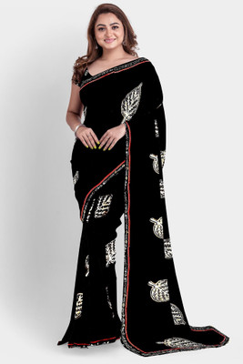 chukchuk Embroidered Handloom Chiffon Saree(Black)