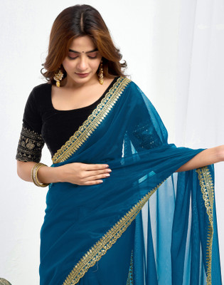 Satrani Embellished, Embroidered Bollywood Net Saree(Blue)