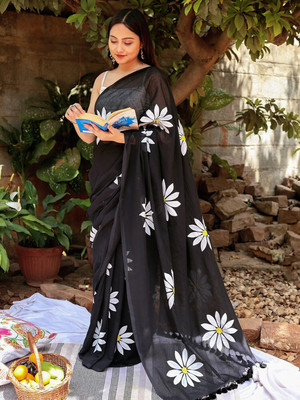 LADY SHOPI Printed Daily Wear Linen Saree(Black)
