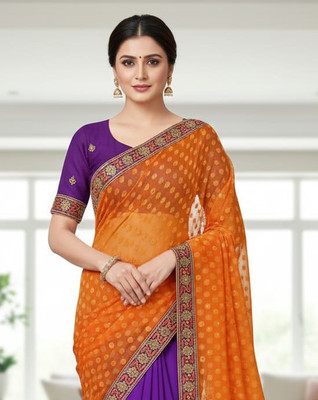 Anugrah Textile Embroidered Banarasi Lycra Blend, Chiffon Saree(Orange, Purple)