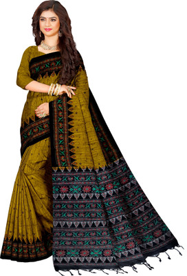 maadurga Printed Sambalpuri Cotton Blend Saree(Mustard)