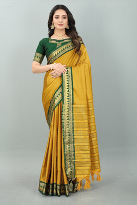 Aquiliq Self Design Kanjivaram Cotton Silk Saree(Yellow)