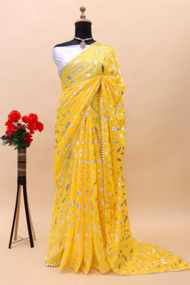PIYA DESIGNER Temple Border Bollywood Georgette Saree(Yellow)