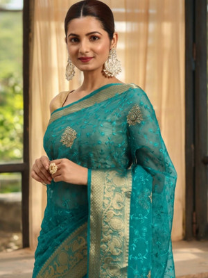 Banaras silk palace Woven Banarasi Organza Saree(Green)