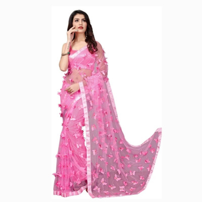 M KRISHNA CREATION Embroidered Bollywood Net Saree(Pink)
