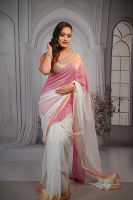 Trishul Woven Handloom Handloom Mulmul Saree(White, Pink)