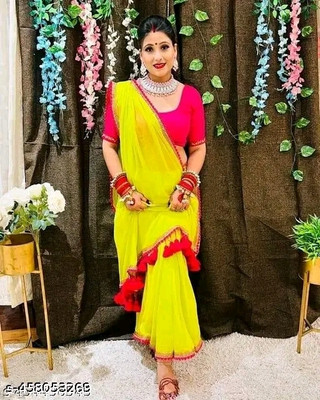 charmie designer Printed Bandhani Georgette Saree(Yellow)