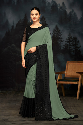 sparrow art Embroidered Bollywood Georgette Saree(Brown, Green)