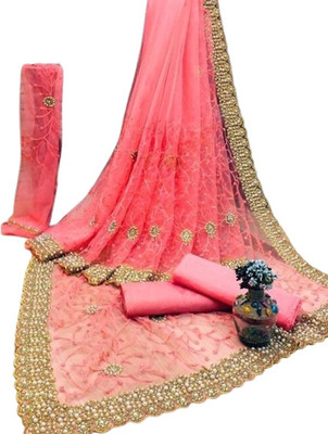 SkyFlock Embroidered, Embellished Bollywood Net Saree(Pink)