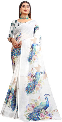 HangerStories Printed Kanjivaram Pure Cotton, Cotton Linen Saree(White)