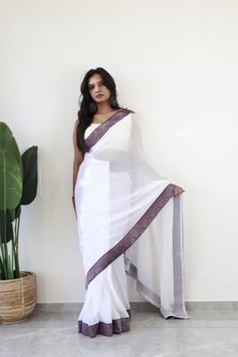 VISVASTA Solid/Plain Bollywood Chiffon, Silk Blend Saree(White)