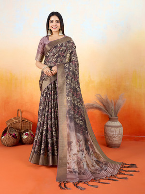 RekhaManiyar Printed Saree with Attached Blouse Silk Blend Saree(Brown)