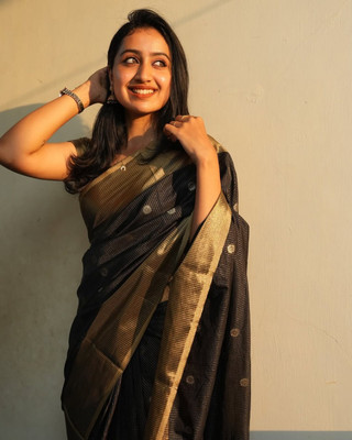 Dharm Enterprise Solid/Plain Banarasi Cotton Silk Saree(Black)