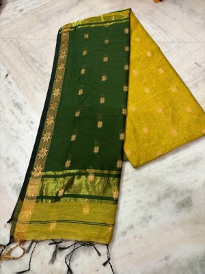 LDma Woven Tant Handloom Cotton Silk Saree(Yellow, Green)