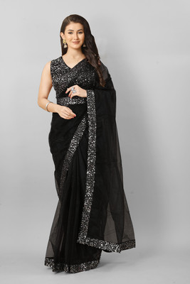 DEVS CREATION Embellished Bollywood Supernet Saree(Black)