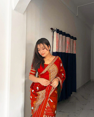 VM Selling Hub Self Design Mekhela Chador Cotton Blend Saree(Red)