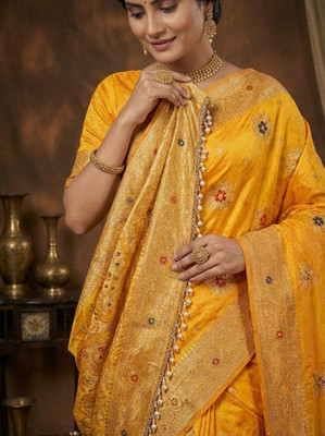 Pionex Woven Banarasi Pure Silk Saree(Yellow)