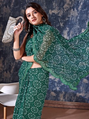 HANS ENTERPRISE Printed, Embellished, Blocked Printed, Polka Print, Embroidered, Digital Print Bollywood Georgette Saree(Green)