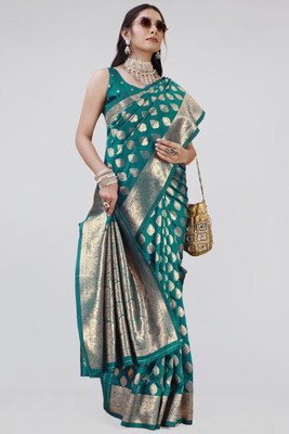 MIRCHI FASHION Woven, Embellished Banarasi Silk Blend Saree(Green, Gold)