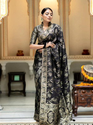 NIRLABH Striped Banarasi Pure Silk Saree(Black)