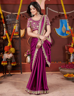 Pireva Embellished Bollywood Silk Blend Saree(Magenta)