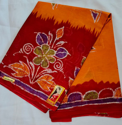 Minu Fashion Woven, Printed Hand Batik Pure Cotton Saree(Orange, Red)