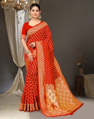 Samah Woven, Self Design, Embellished Banarasi Art Silk Saree(Orange, Gold)