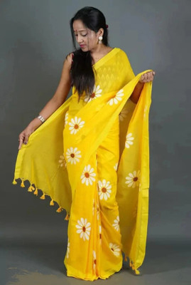 Amita Collections Printed Daily Wear Pure Cotton Saree(Yellow)